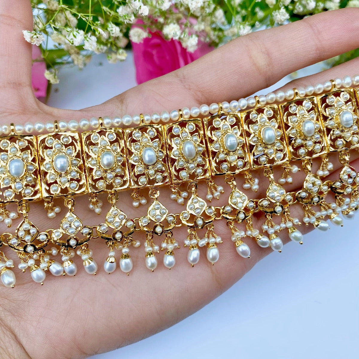 gold polished pearl choker set For Destination Wedding