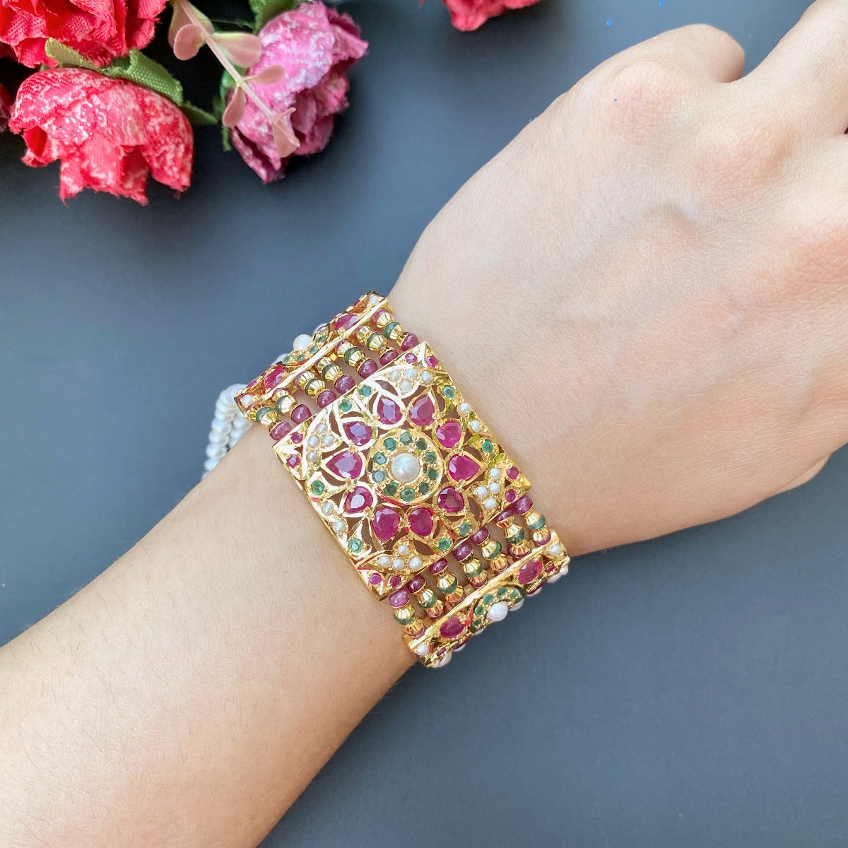 amritsar ruby emerald pearl bracelet in 22 carat gold