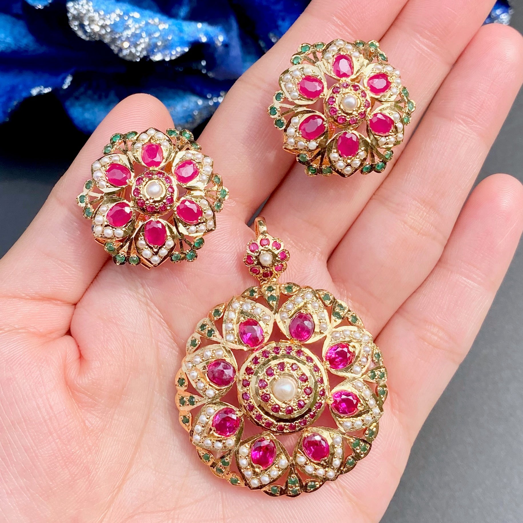 pakistani ruby emerald pearl pendant set