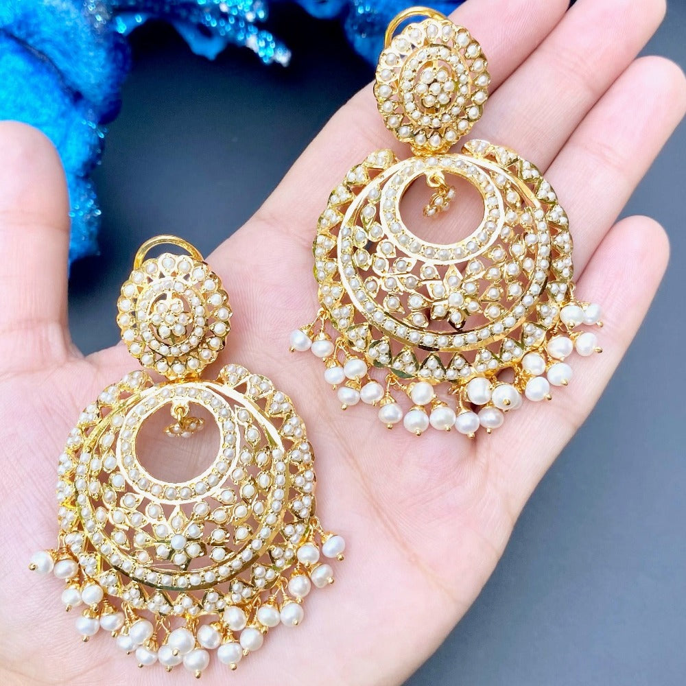 big gold plated pearl chandbali earrings
