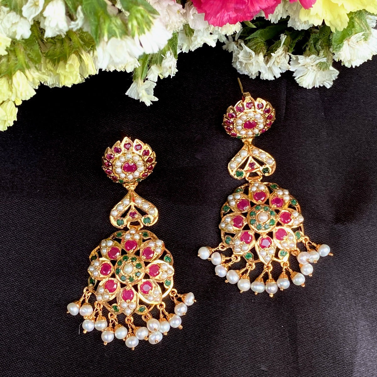 gold plated ruby emerald earrings
