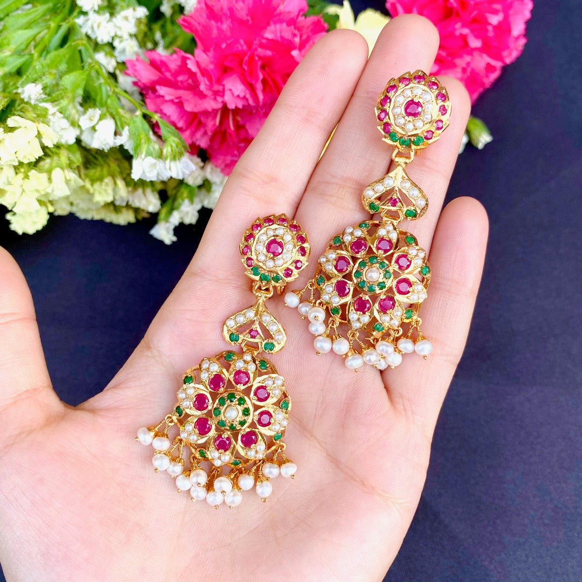 gold plated ruby emerald earrings