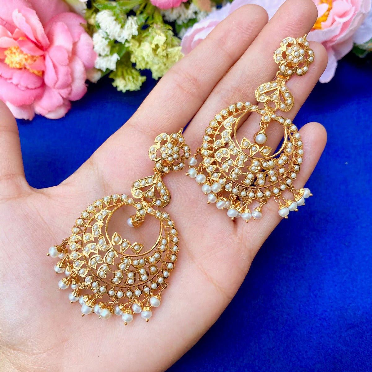 pearl chandbali indian earrings