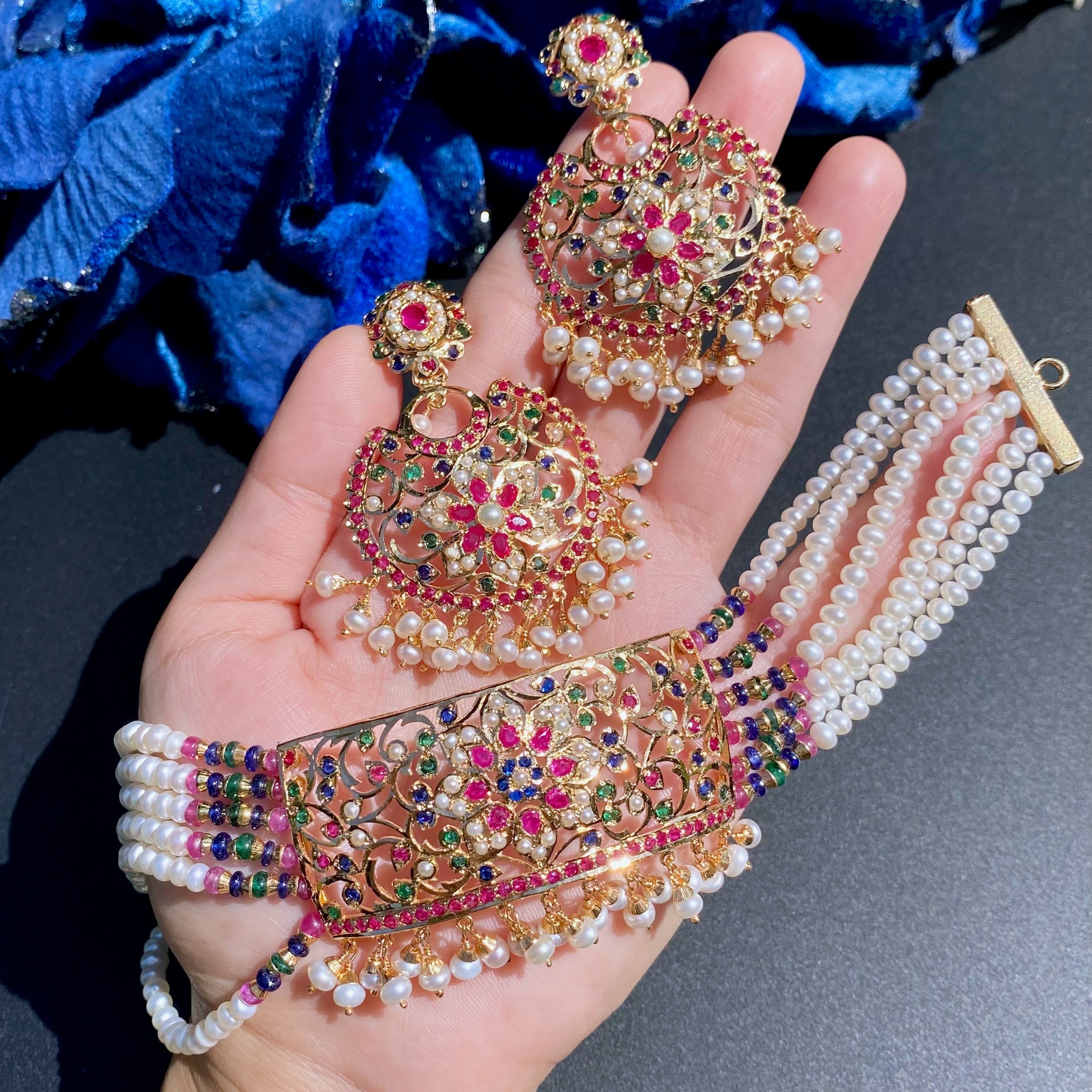 Multicolored Jadau Choker Set | Ethnic Indian Fashion Jewelry on Silver Base NS 416