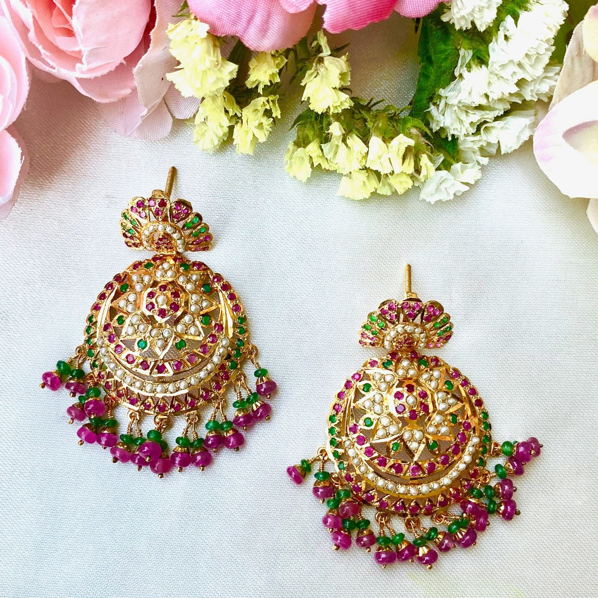 gold coated ruby emerald earrings