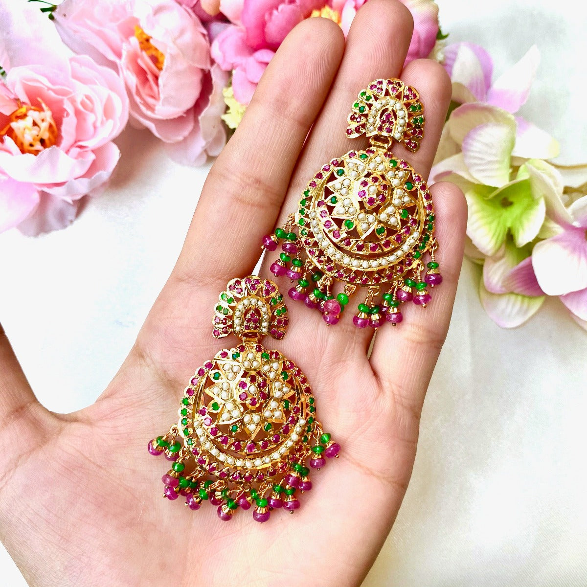 gold coated ruby emerald earrings