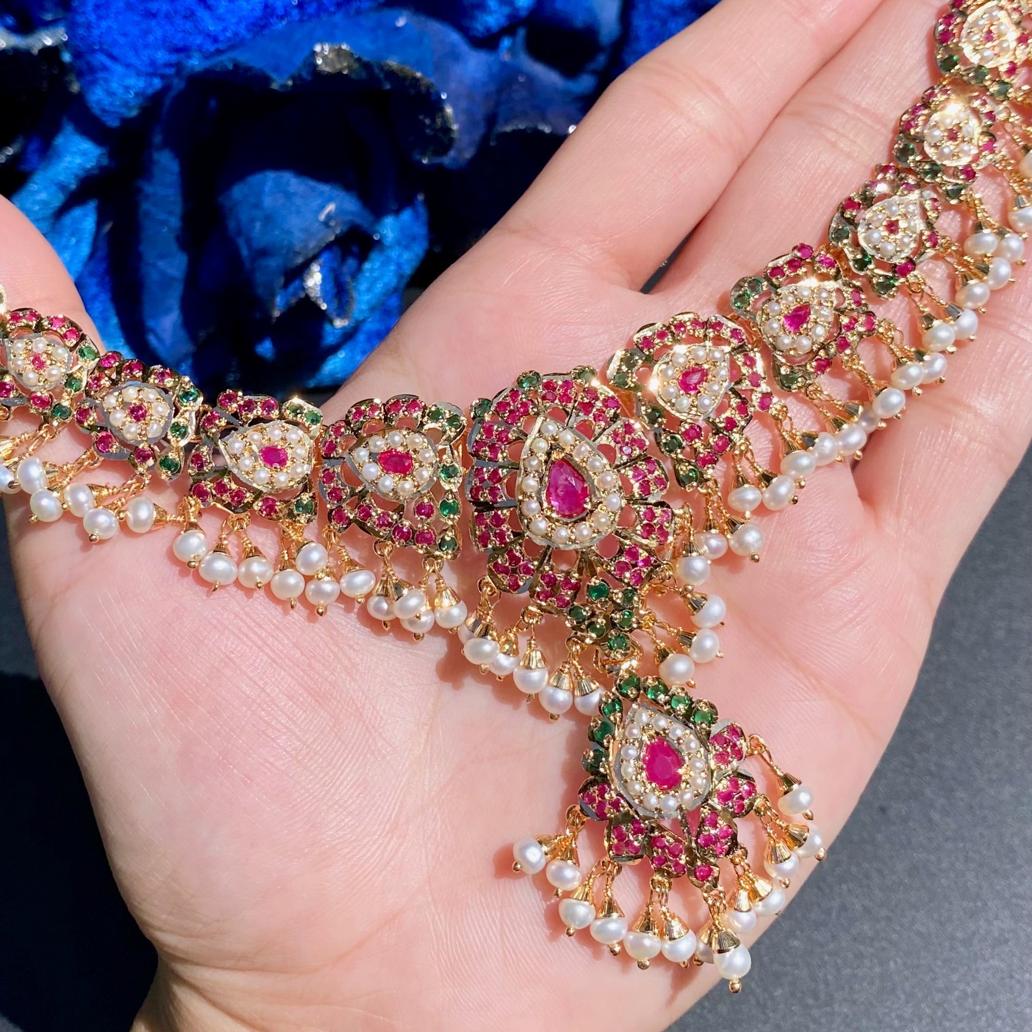 Ethnic Jadau Necklace Set | Gold Plated on Silver | Ruby Emerald Pearl Combination NS 421