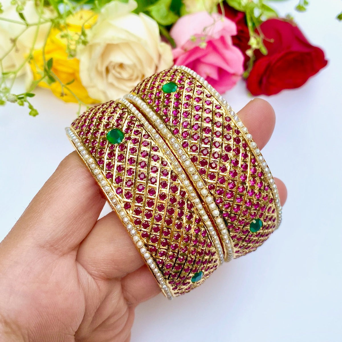 pair of rajasthani kadas in gold plated silver