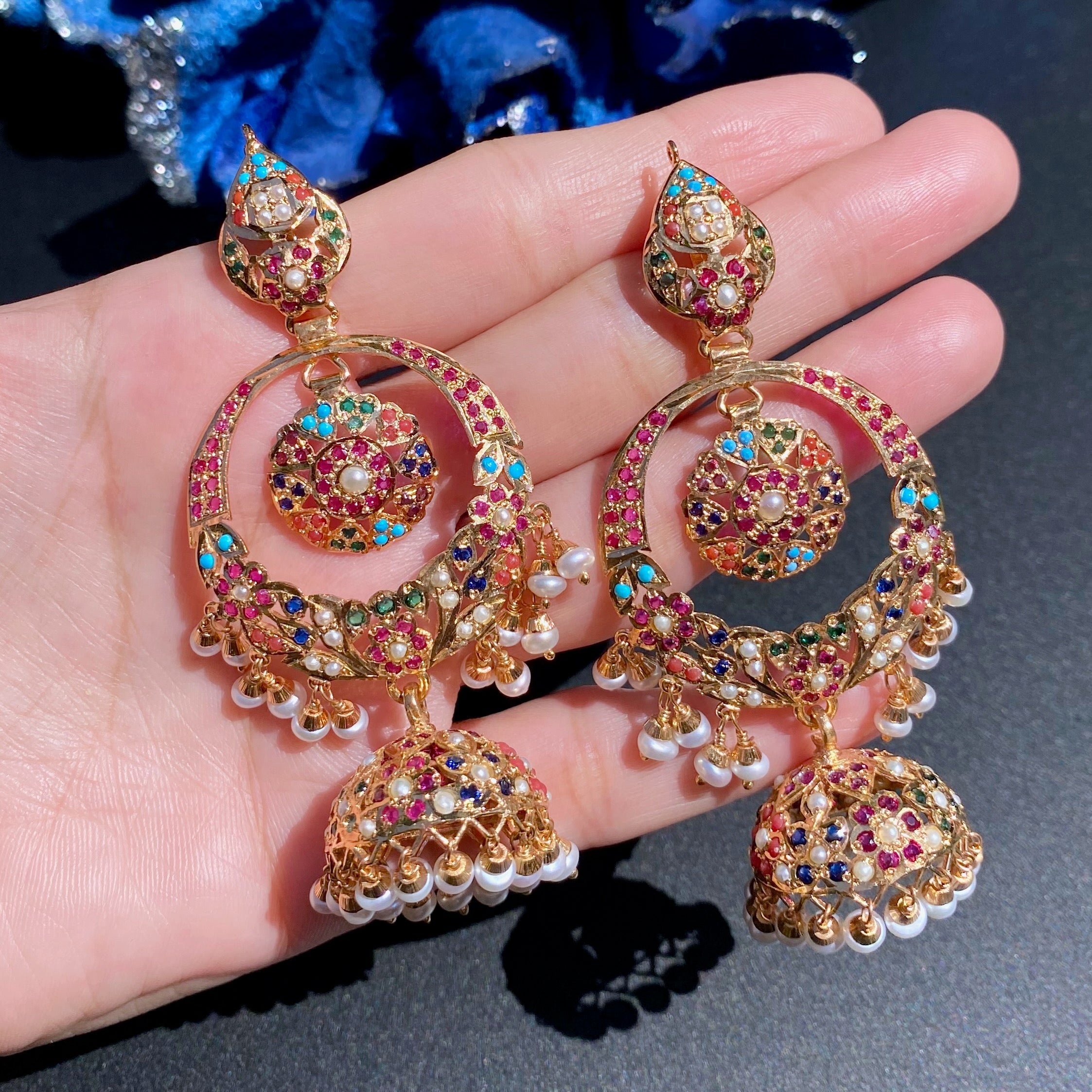 Navratna Jadau Chandbali With Jhumka | Gold Plated on Silver | ER 600