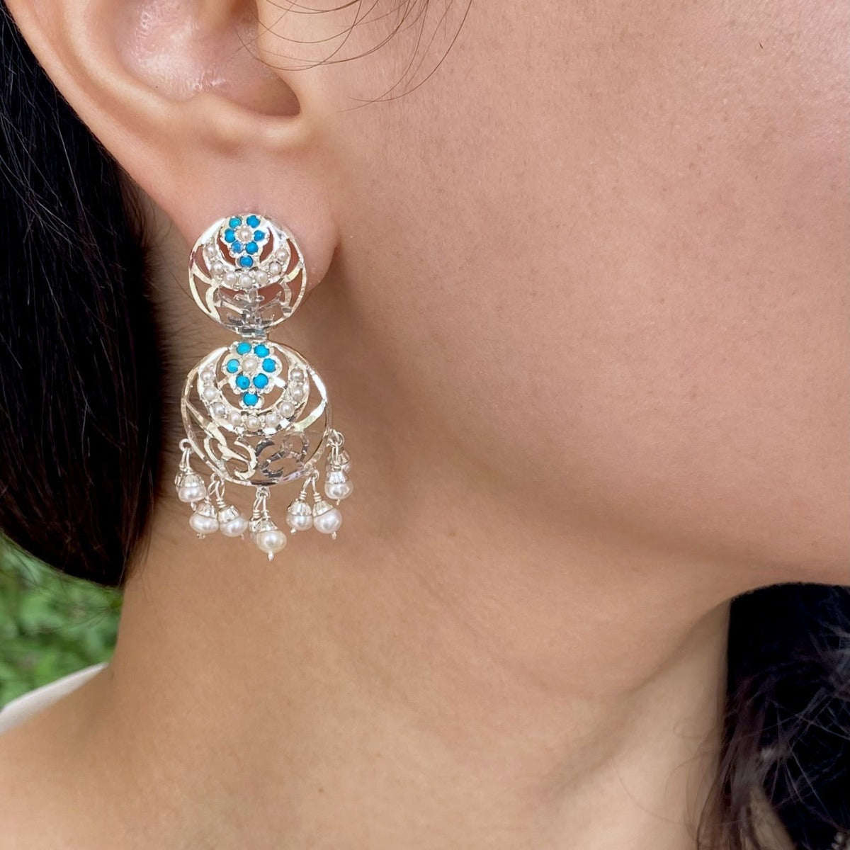 pure silver earrings with turquoise and pearls