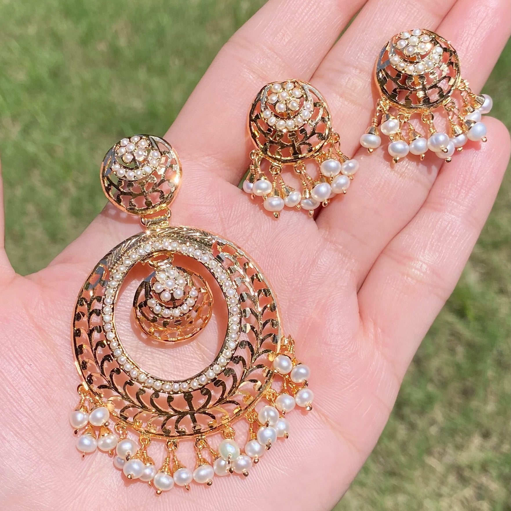 Chandbali Shaped Pendant & Earrings Set | Gold Plated Indian Jewelry on Silver PS 133