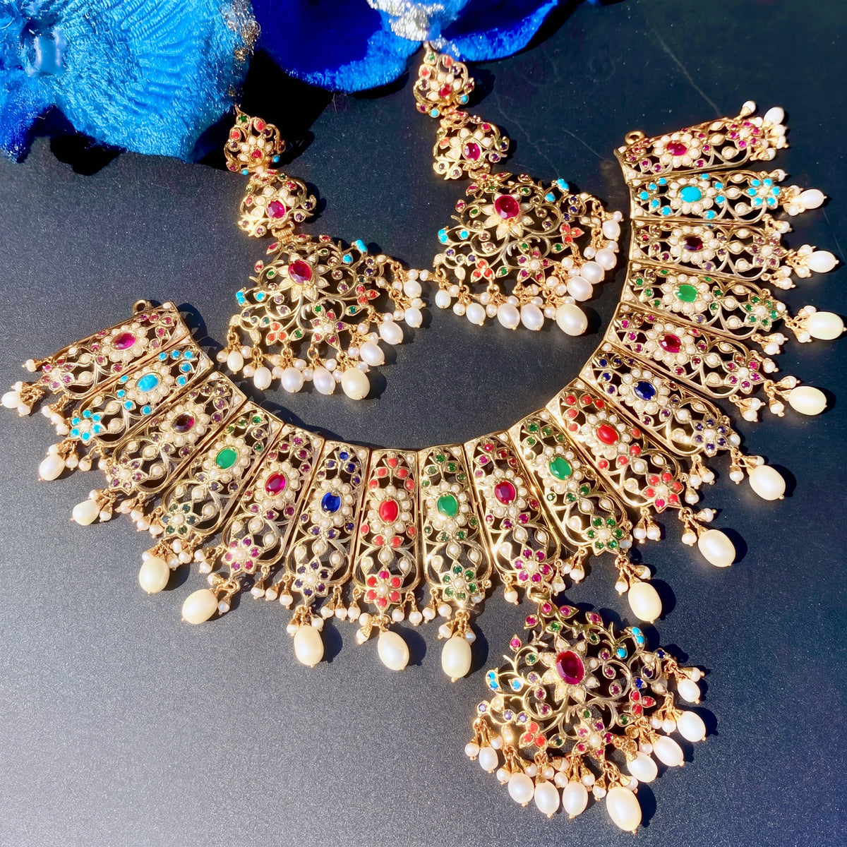 Bridal Wear Jadau Necklace Set | Navratna Jewelry Gold Plated on 925 Silver NS 450