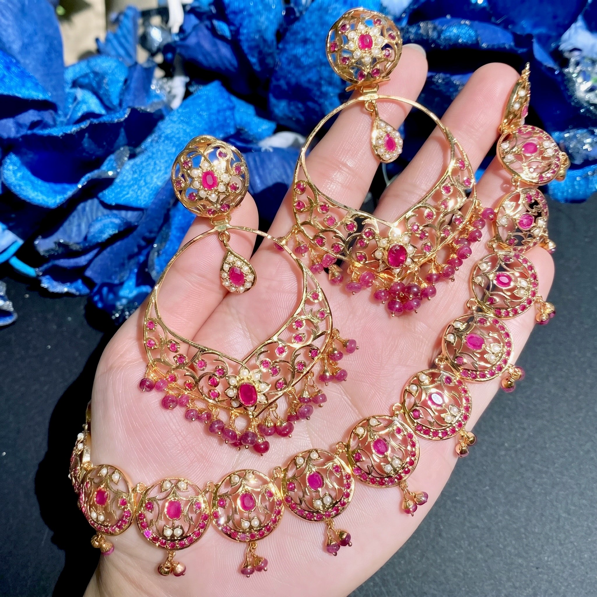 ruby necklace with large earrings