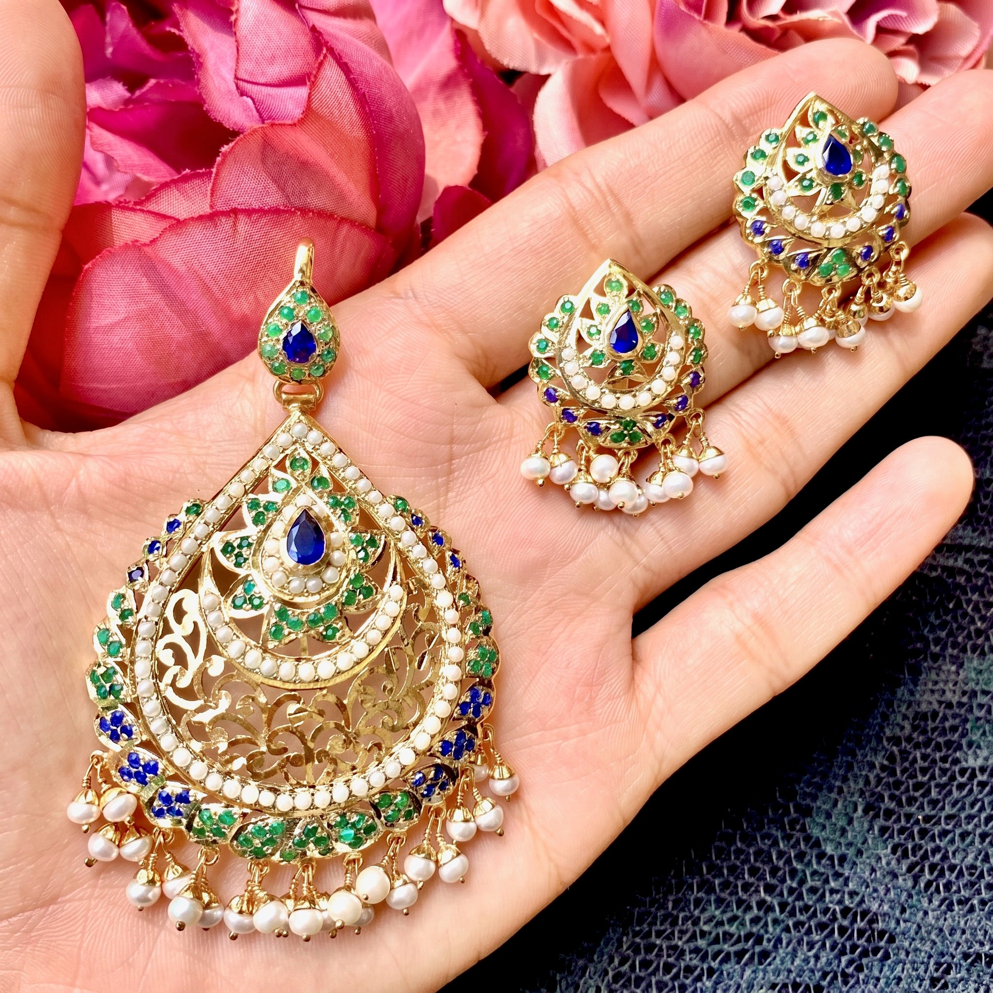 gold plated locket set in green and blue colors