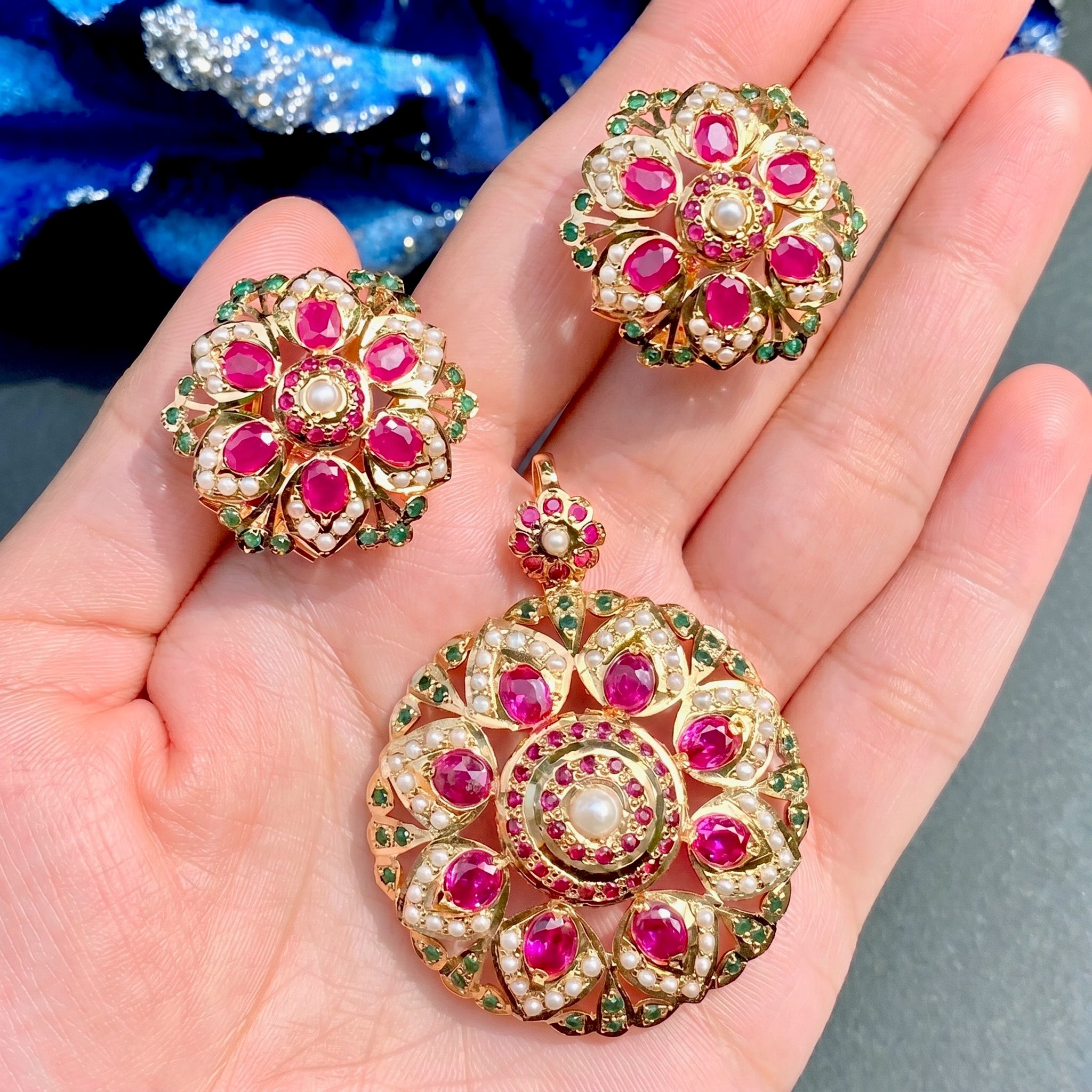 pakistani ruby emerald pearl pendant set