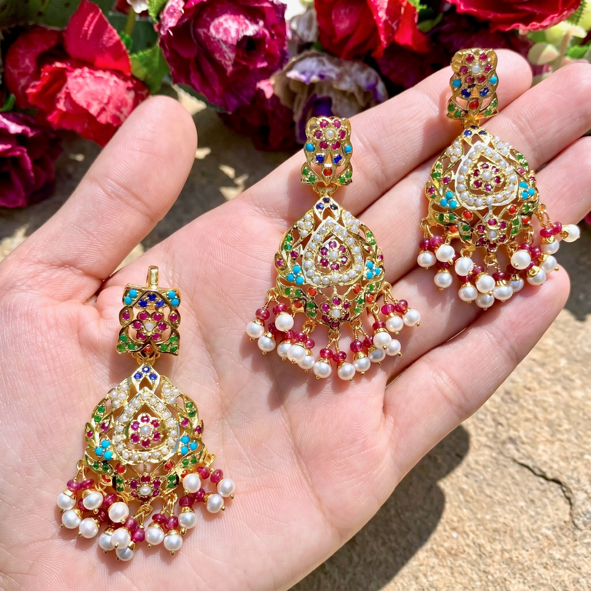 navratan pendant set on silver with gold plating