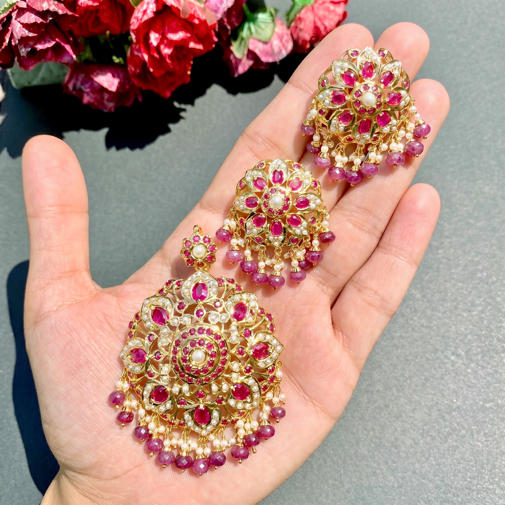 gold plated ruby locket set