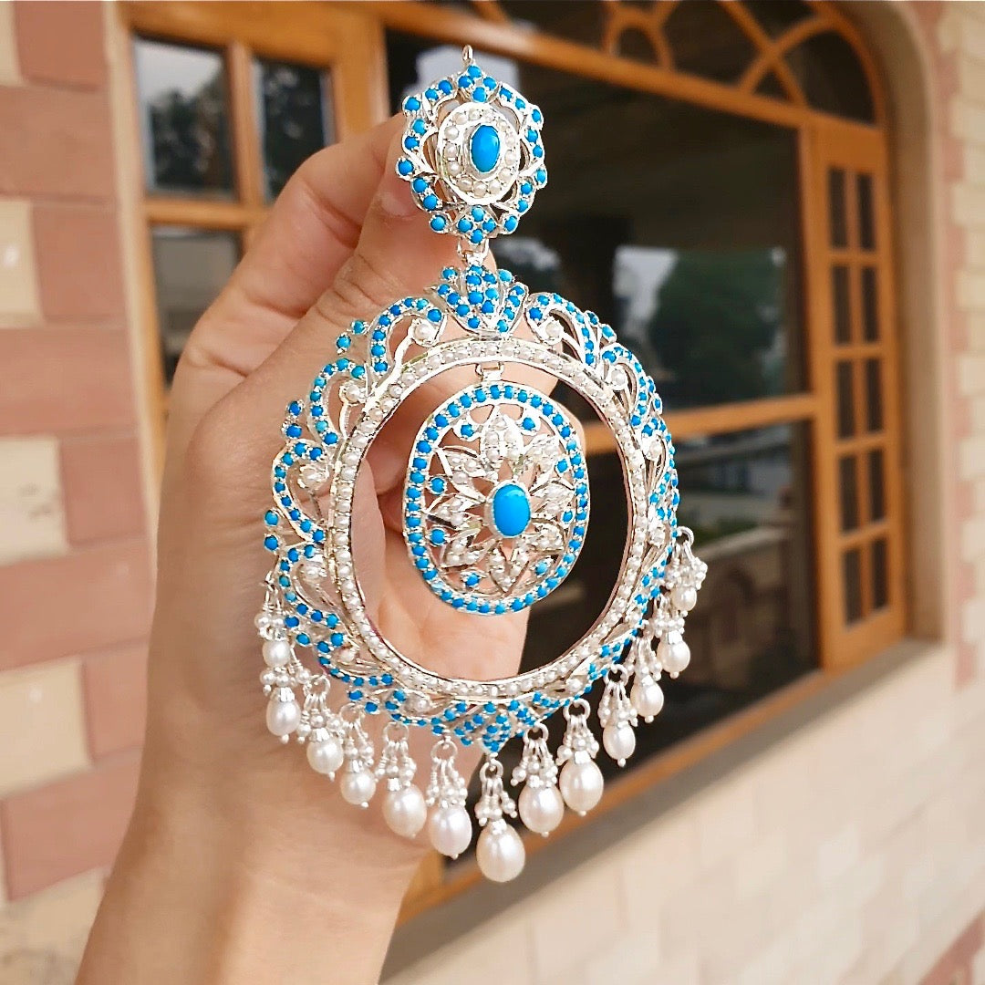 pearl turquoise chandbali silver