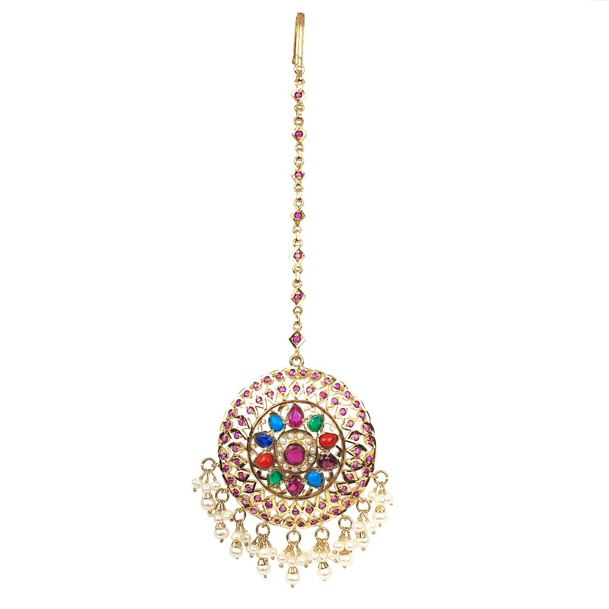 maang teeka with rubies and navrattan stones tk 013