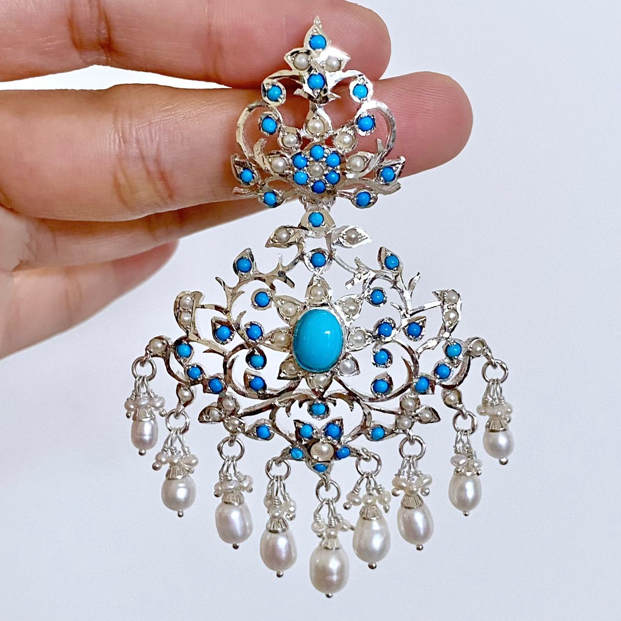 turquoise earrings with pearl drops on silver