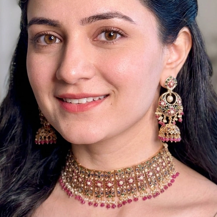 Bridal Choker Paired with Chandbali Earrings | Premium Indian Silver Jewelry | Gold Plated NS 419