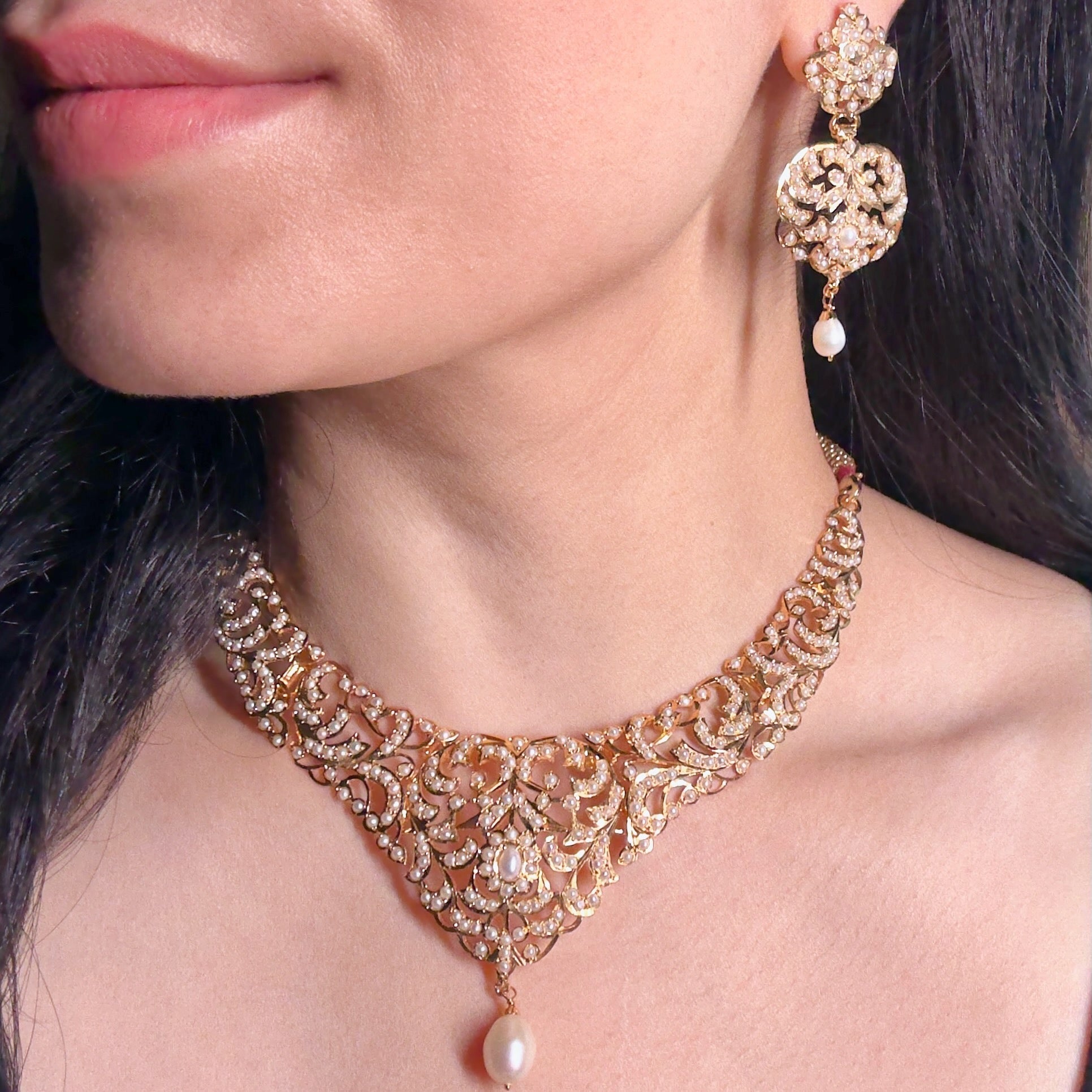 antique indian silver pearl necklace set