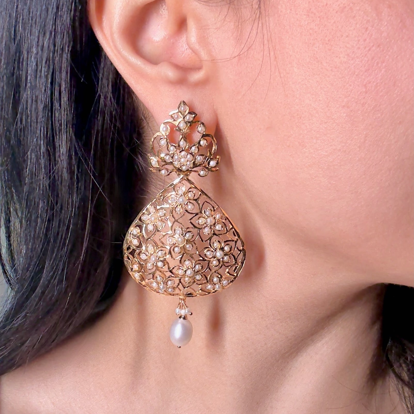 Indo Western Design Earrings | Freshwater Pearls | Gold Plated on Silver