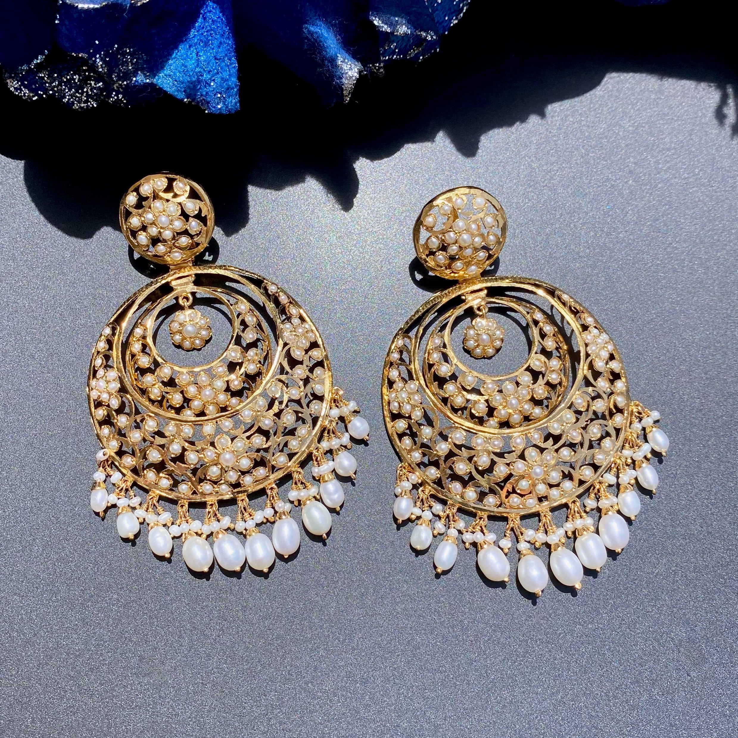 Intricate Gold Plated Chandbali Earrings | Antique Fusion Design | Authentic Freshwater Pearls ER 585