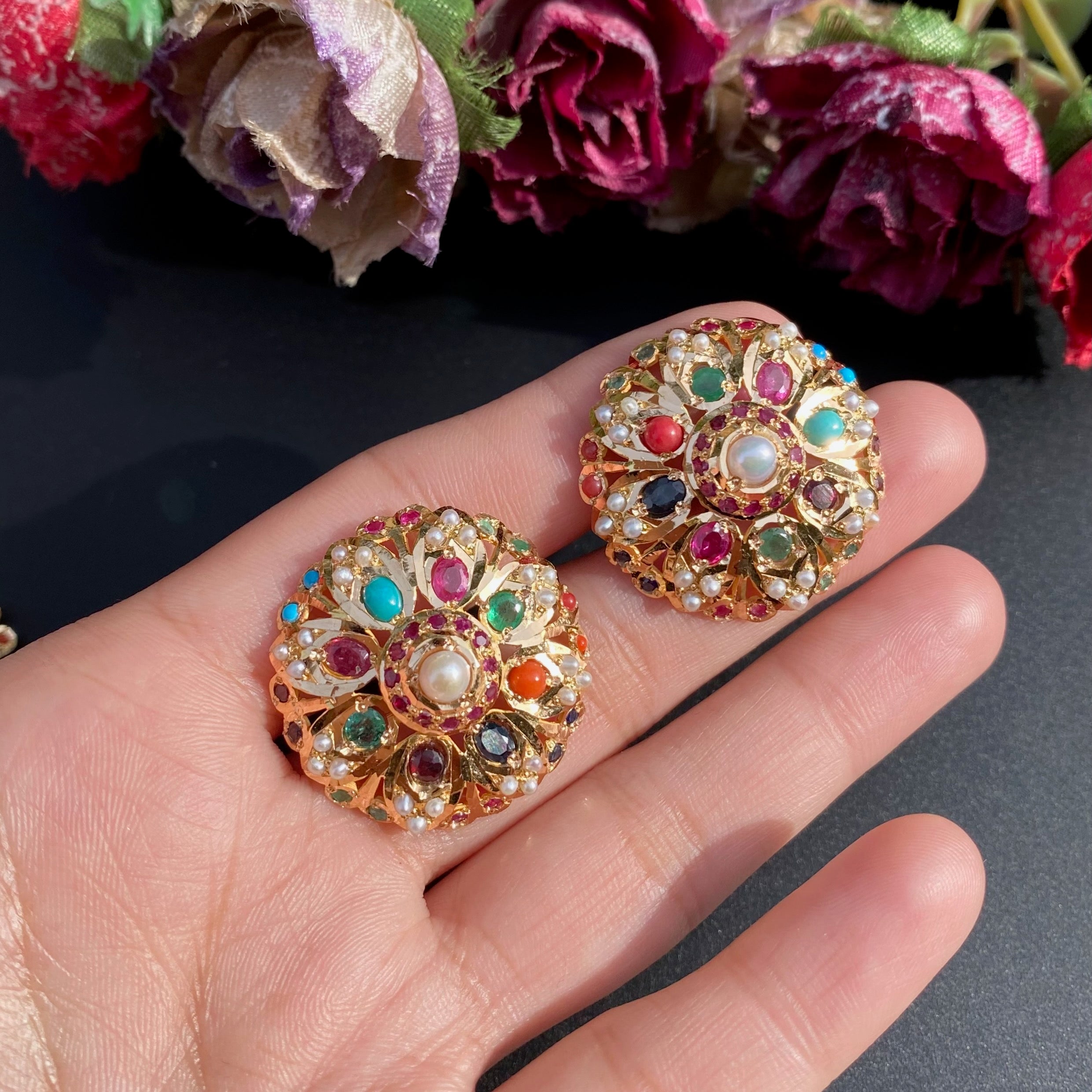 big gold navratna studs inspired by tanishq designs for women