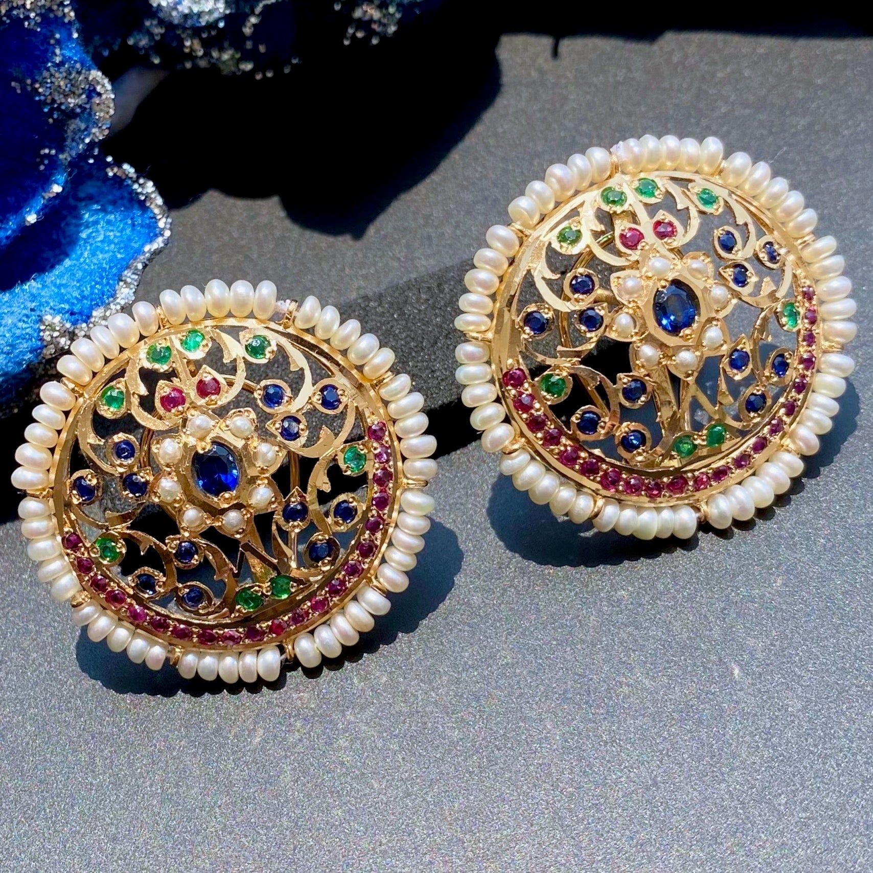 Exquisite Large Round Jadau Studs For Women on Silver ER 553