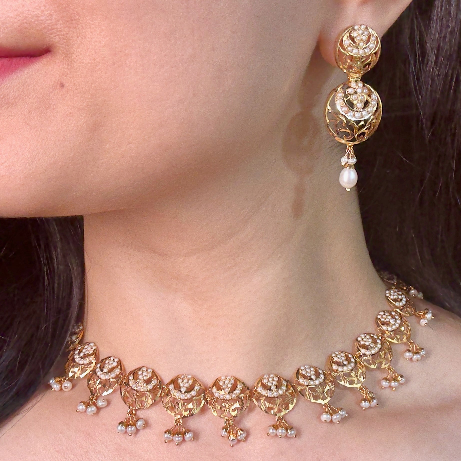 Intricately Designed Necklace Set with Jaali Work | Gold Plated on Silver | Freshwater Pearl Jewelry NS 408