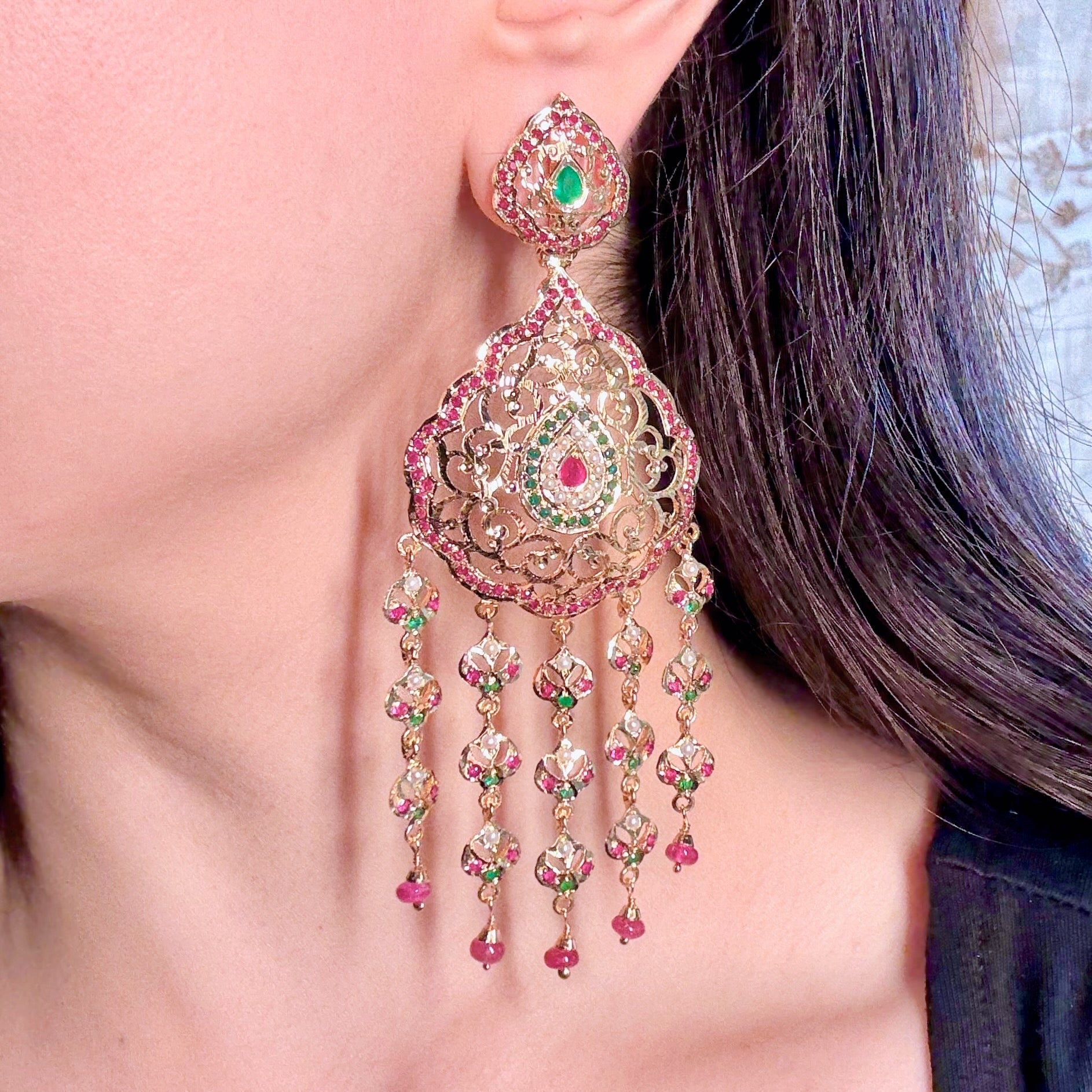 Statement Dangler Earrings | Gold Plated on Silver with Red Green Stones & Pearls | ER 602
