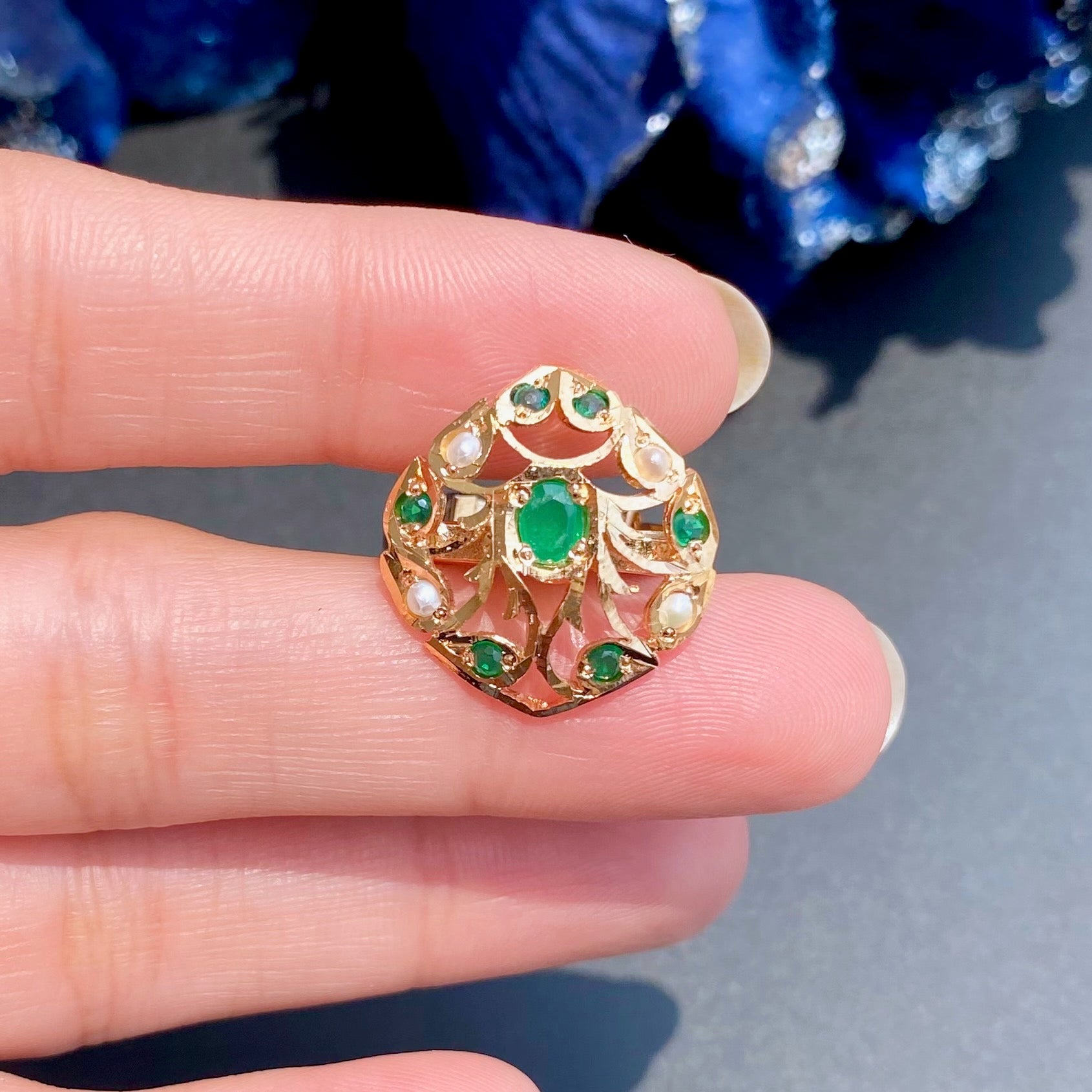 Delicate Jadau Ring | Emerald Green Color | Gold Plated on Silver LR 102