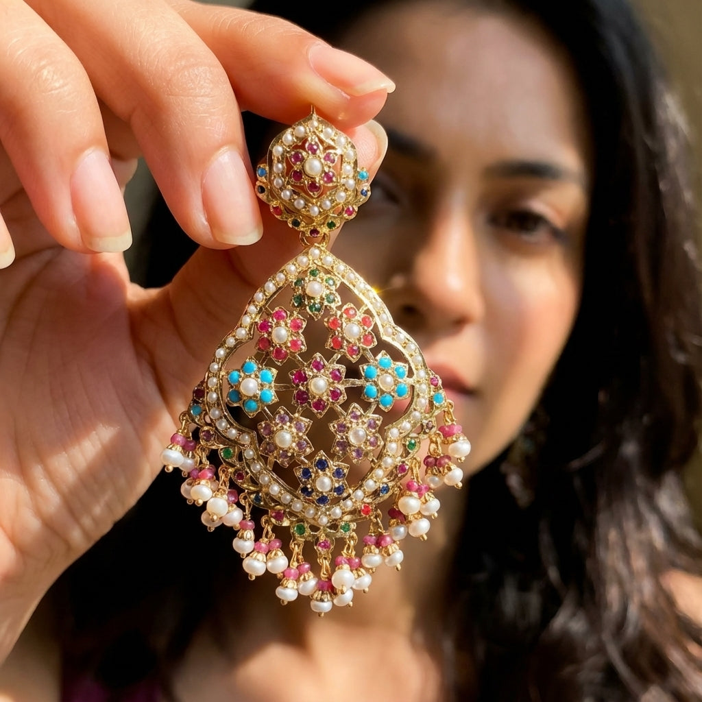 Long Navaratan Jadau Earrings on Silver | Statement Indian Danglers ER 127