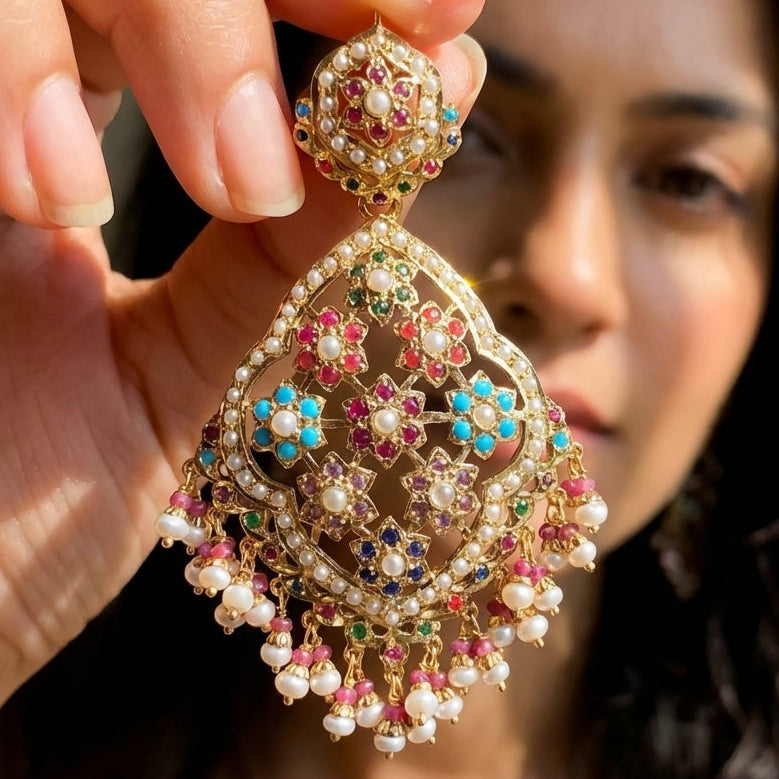 Long Navaratan Jadau Earrings on Silver | Statement Indian Danglers ER 127