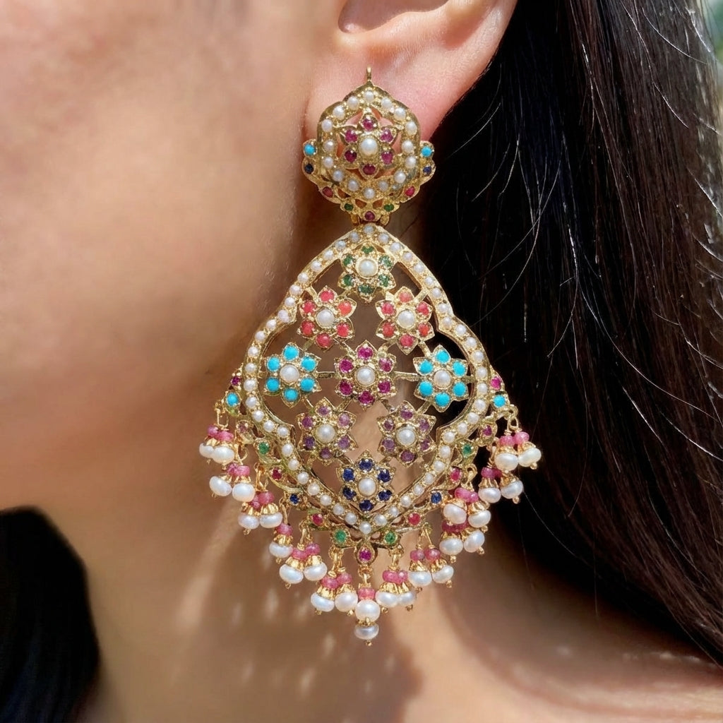 Long Navaratan Jadau Earrings on Silver | Statement Indian Danglers ER 127