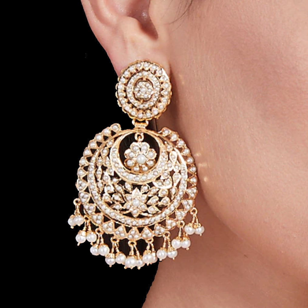 big gold plated pearl chandbali earrings