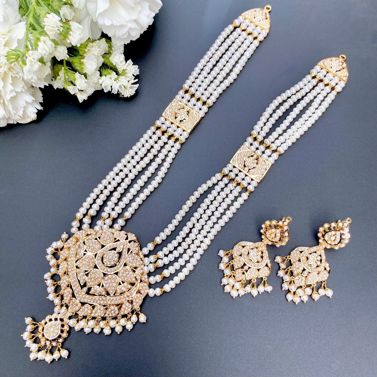 22k gold light weight long pearl haar necklace set jewellery in usa