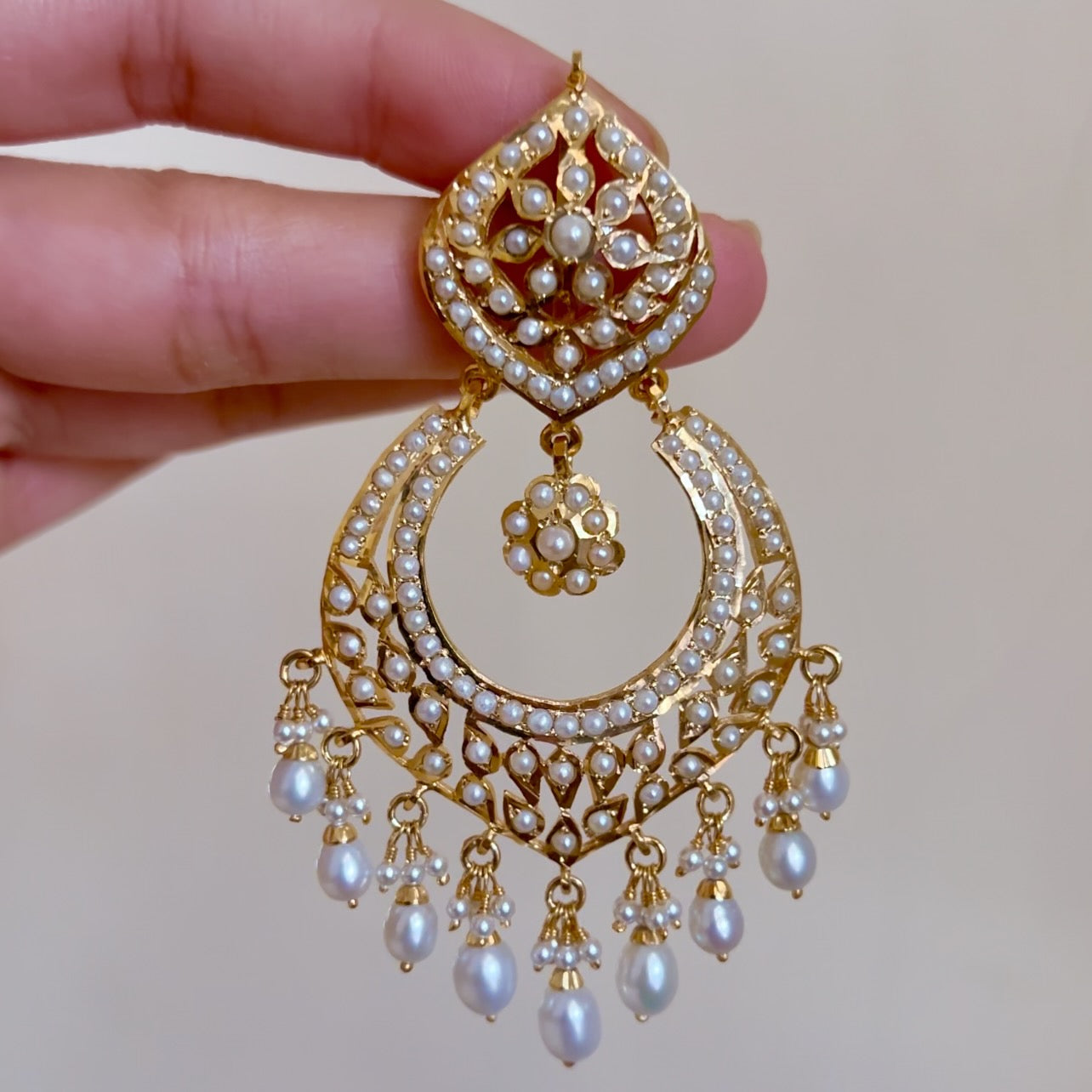evergreen pearl chandbali earrings