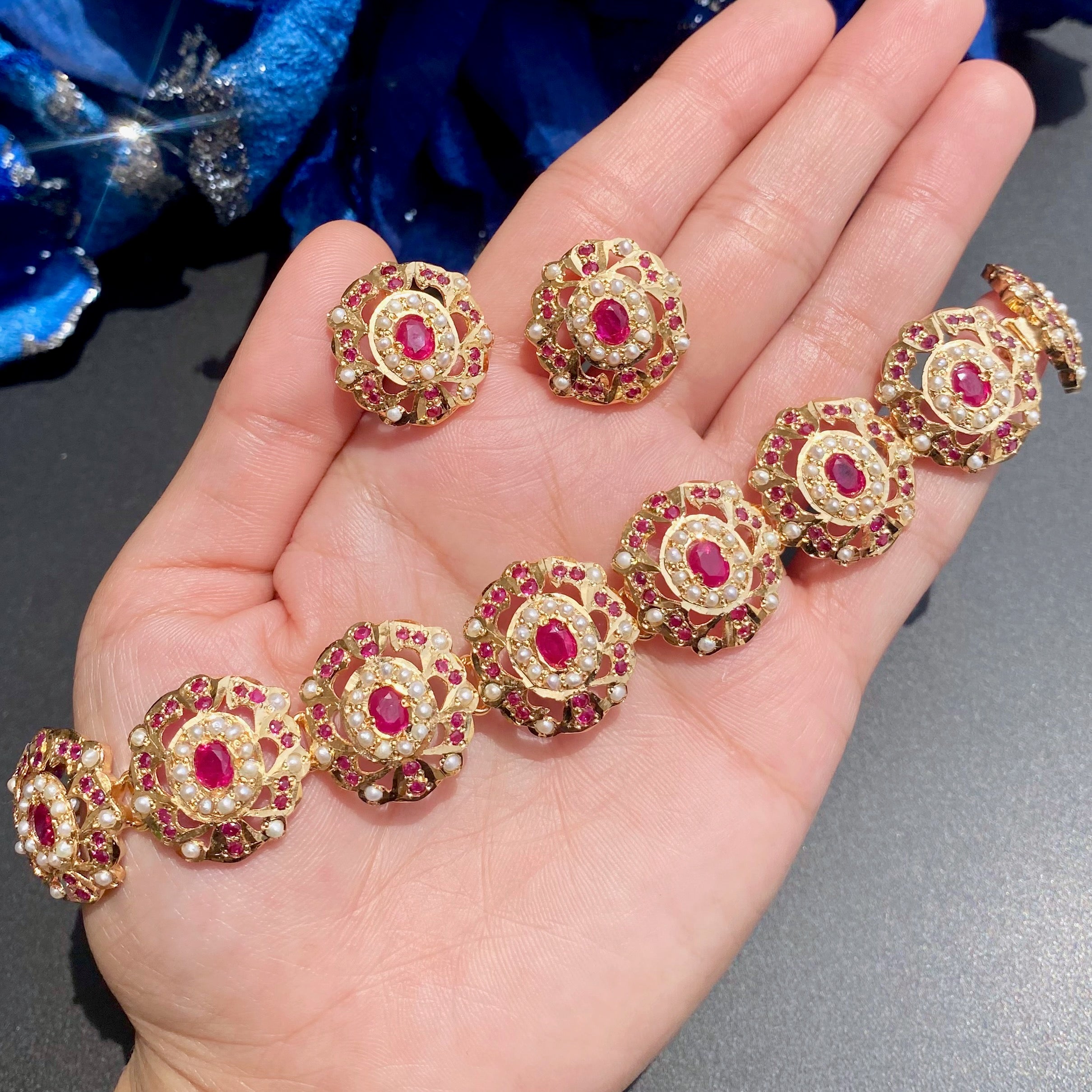 Delicate Indian Choker Set | Pearl Ruby Combination | Gold Plated on Silver