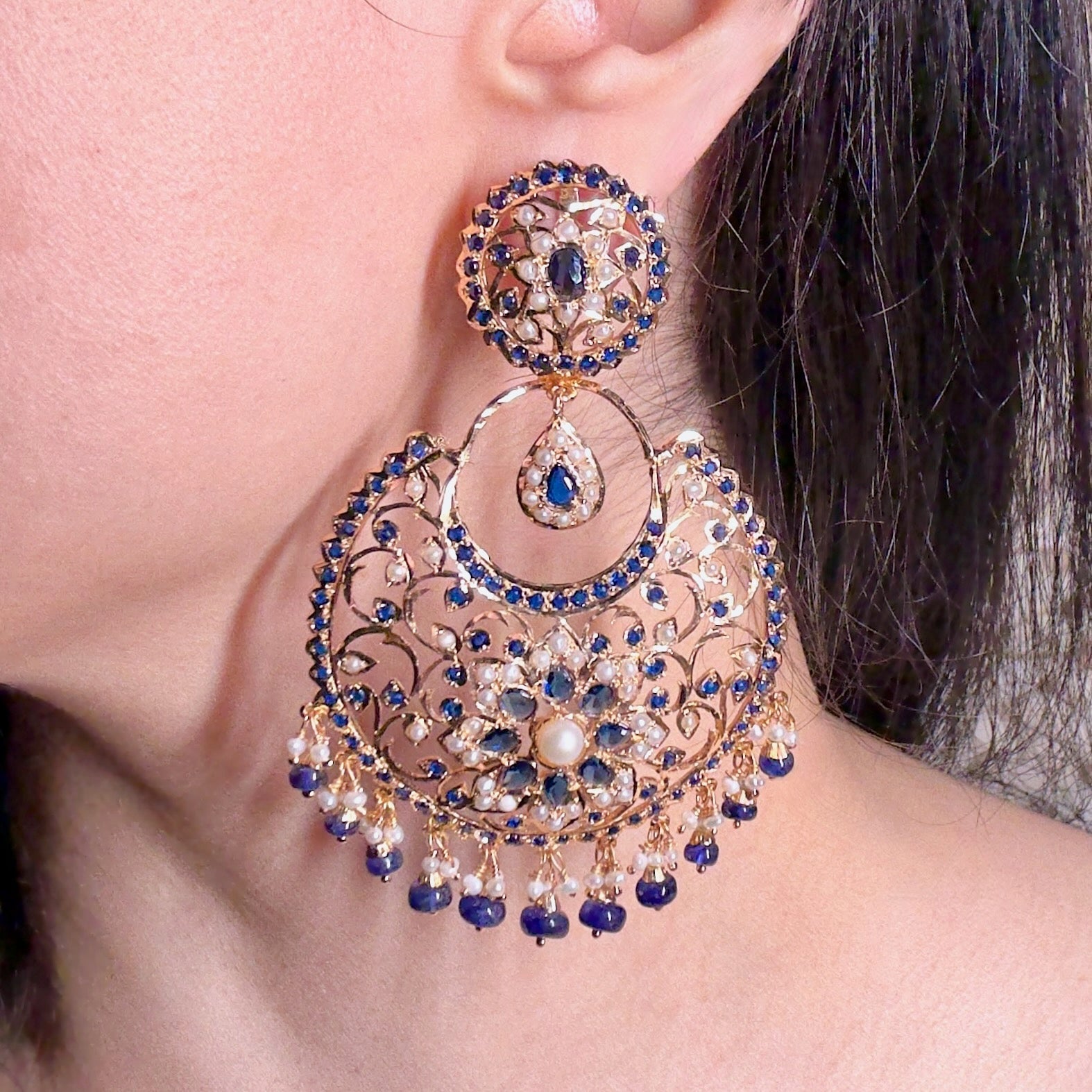 Magnificient Blue Sapphire Chandbalis | Gold Plated ER 557