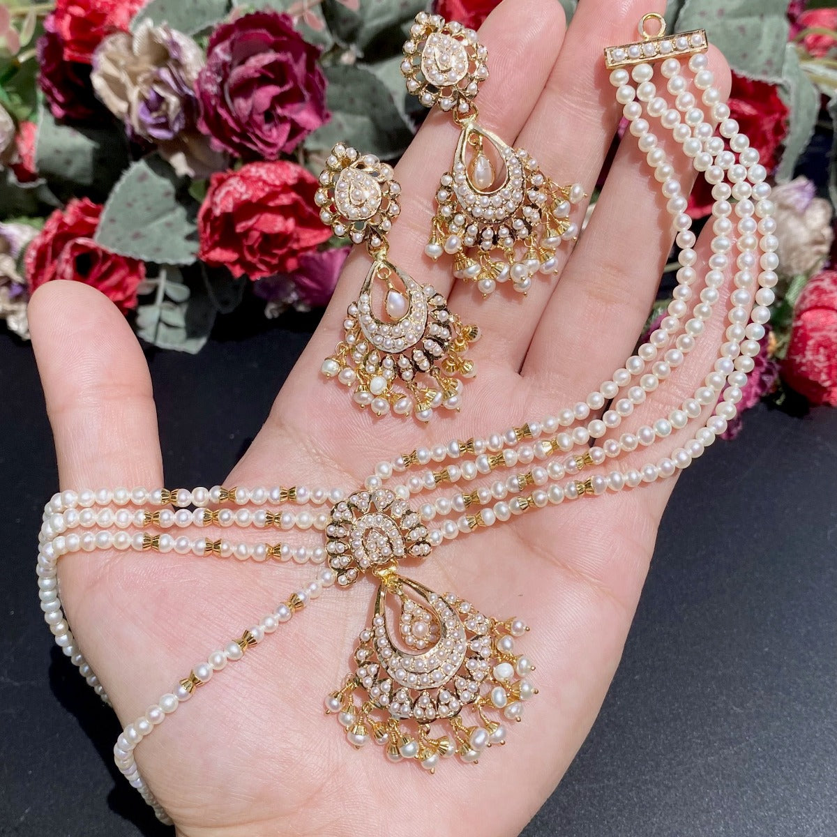 lightweight indian pearl necklace set on 22k gold