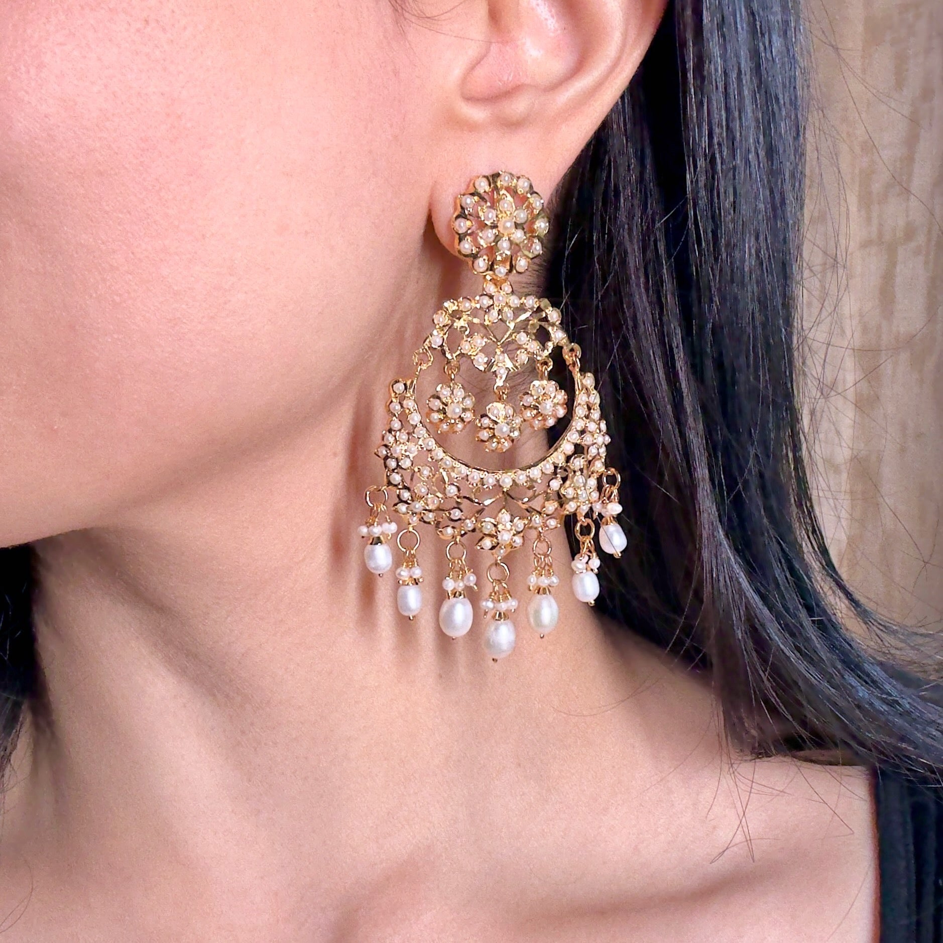 Exquisite Pearl Earrings | Unique Gold Plated Jadau Chandbalis ER 567