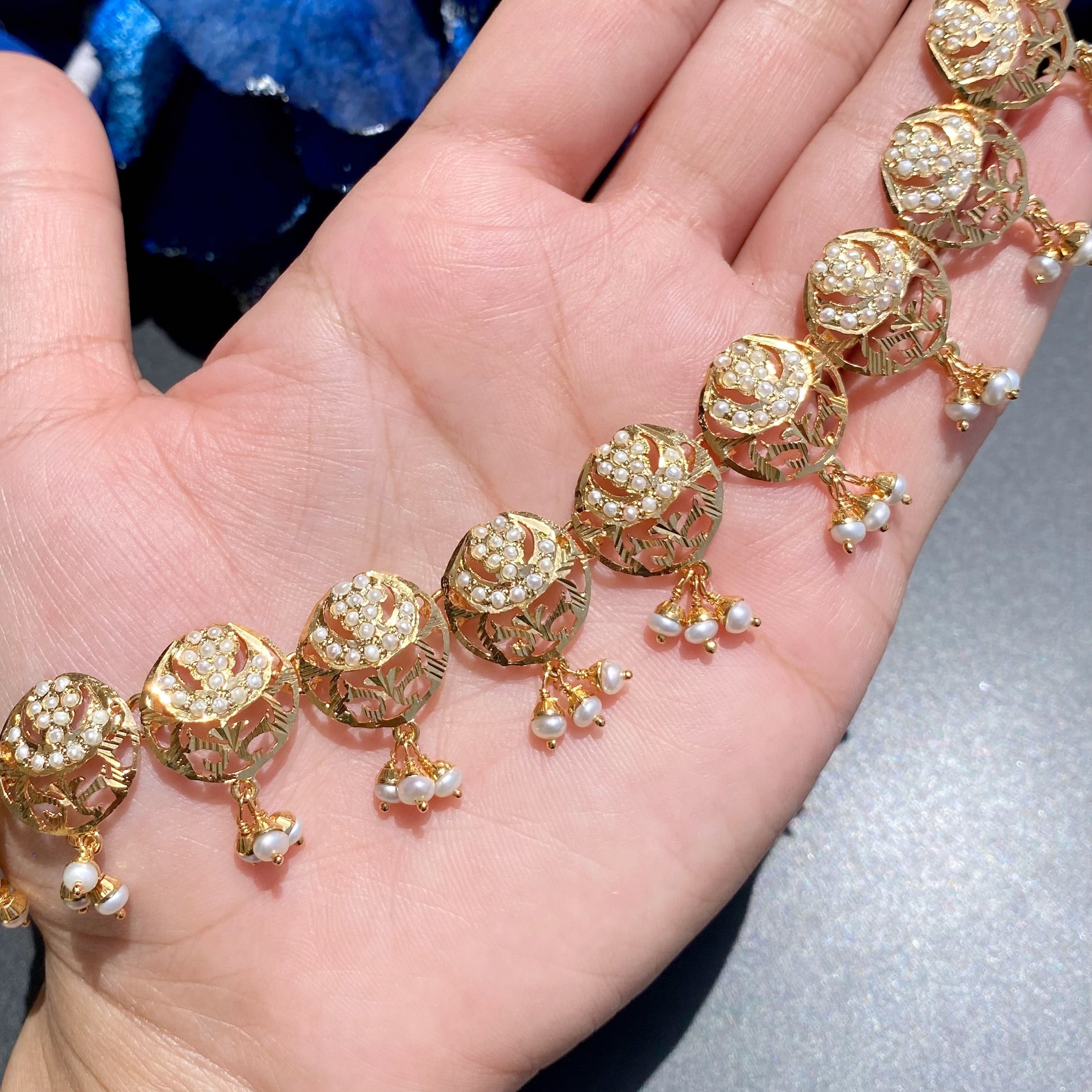 Intricately Designed Necklace Set with Jaali Work | Gold Plated on Silver | Freshwater Pearl Jewelry NS 408