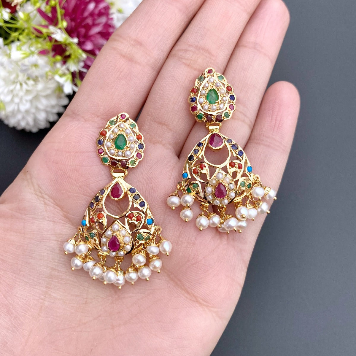 gold nauratan earrings tanishq inspired