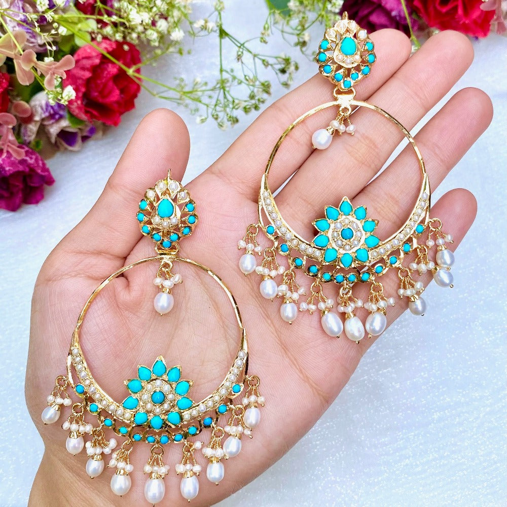 traditonal pakistani chandbala earrings with turquoise and pearls