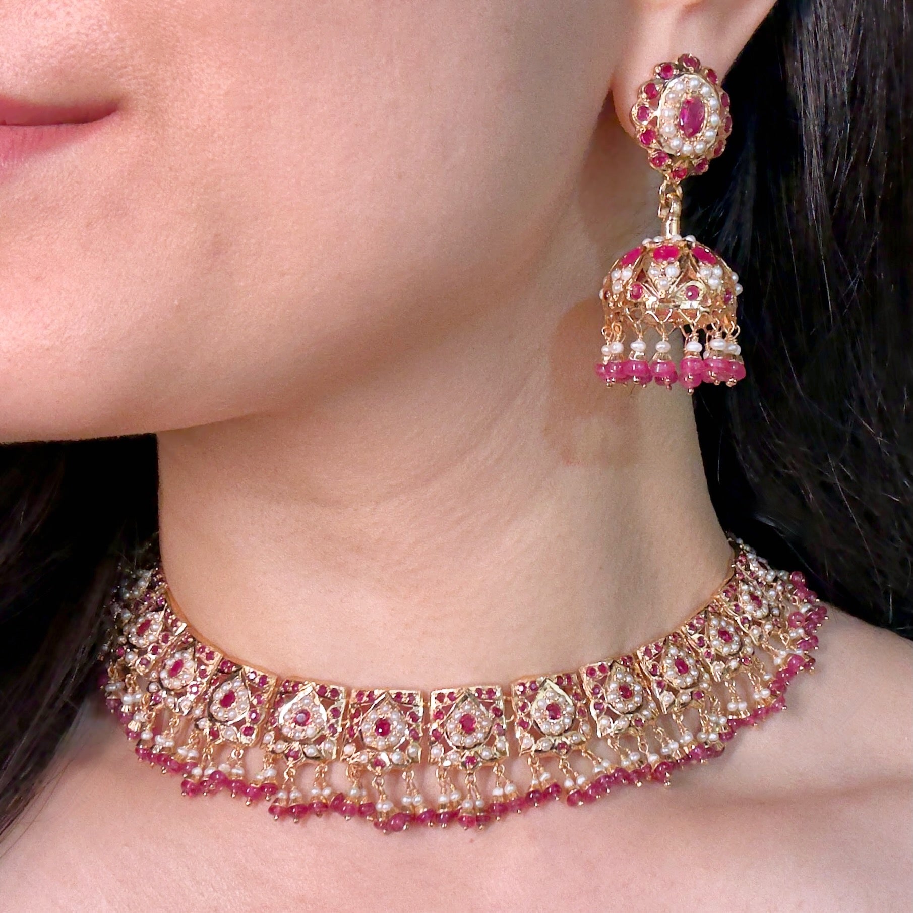 ruby necklace with jhumka earrings