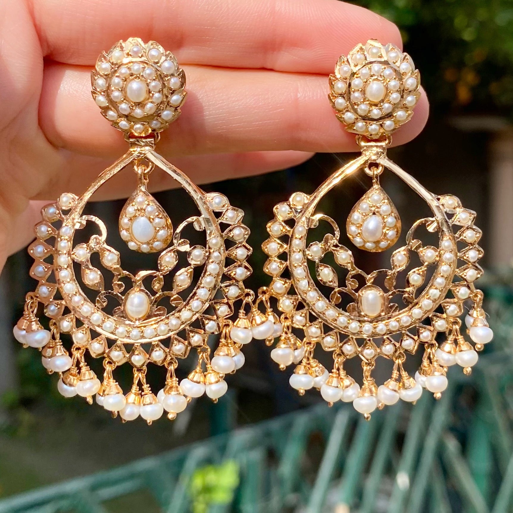 handmade gold plated pearl chandbali earrings