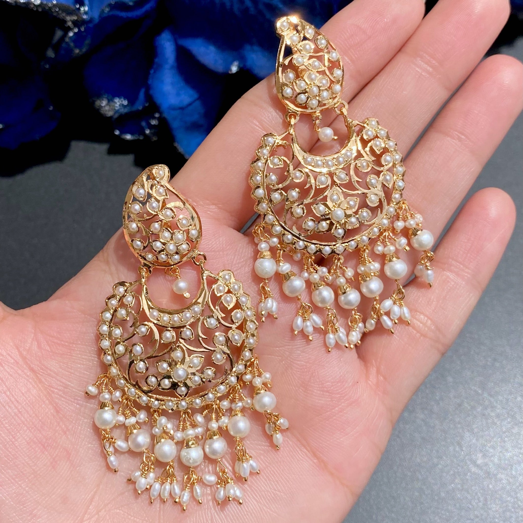 Elegant Gold Plated Chandbali | Real Freshater Pearls | Antique Design ER 578