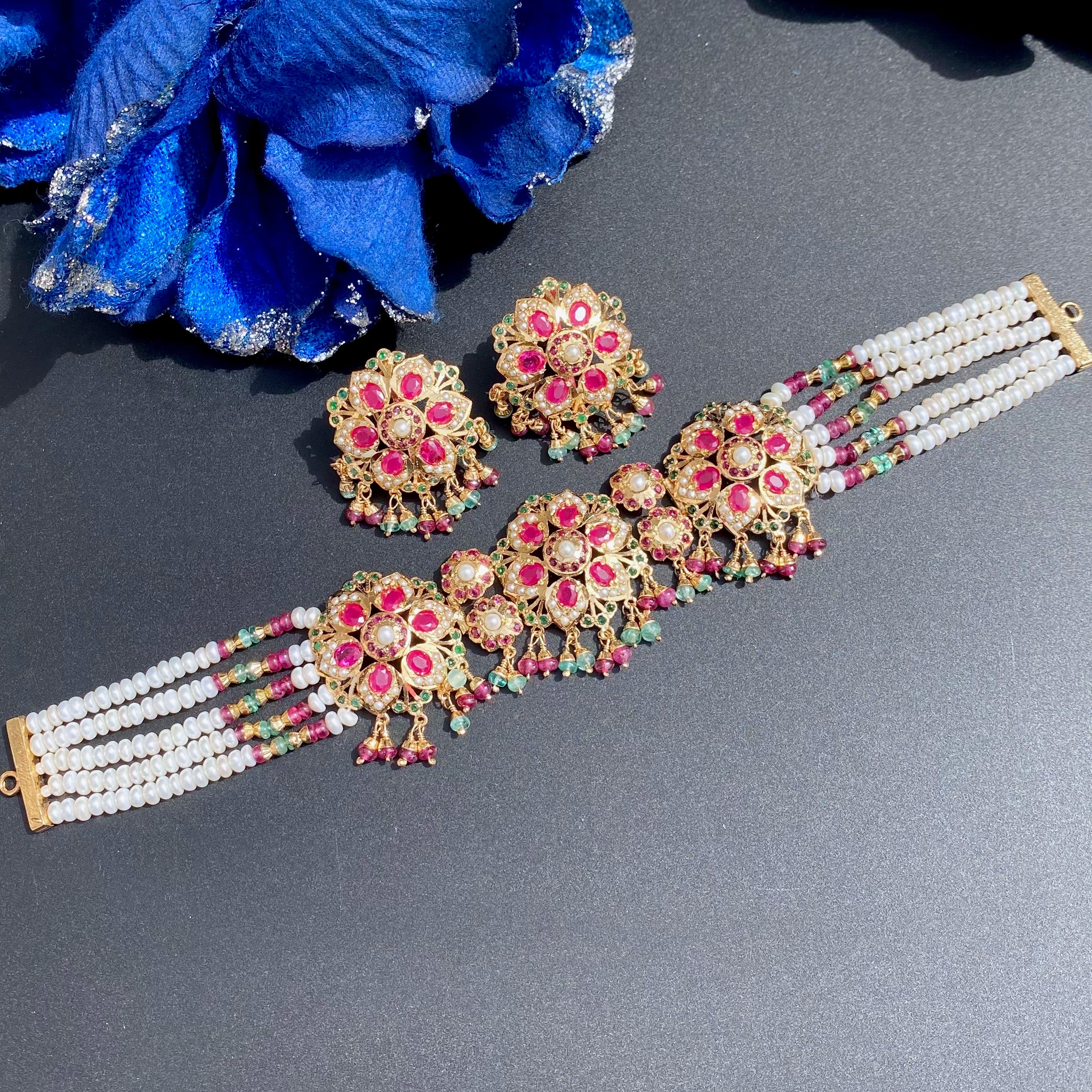 Exquisite Gold Plated Jadau Choker Set | Sterling Silver Base | Mix of Precious & Non Precious Stones